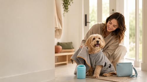 Une femme et son chien avec les quatre essentiels du Kit Balade Complète Pattimo