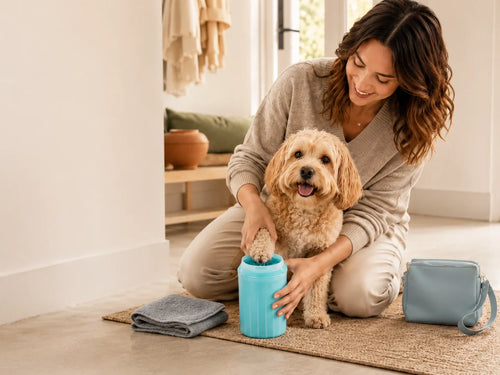 Une femme nettoie doucement la patte de son chien avec le nettoyeur Pattimo, sans peignoir