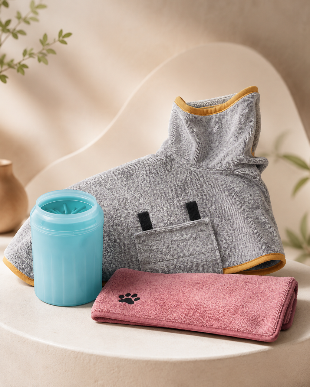Kit Retour Propre Pattimo avec nettoyeur de pattes, serviette et peignoir