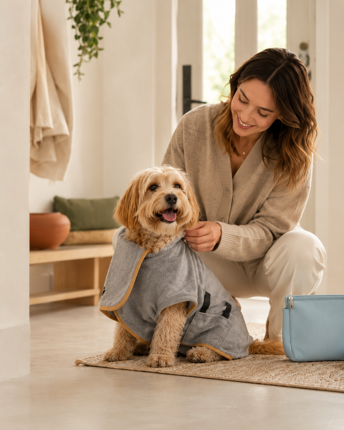 Une femme ajuste le peignoir du Kit Retour Propre sur son chien