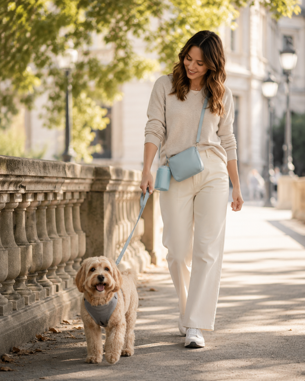 Une femme promène son chien avec la pochette du Kit Balade Complète