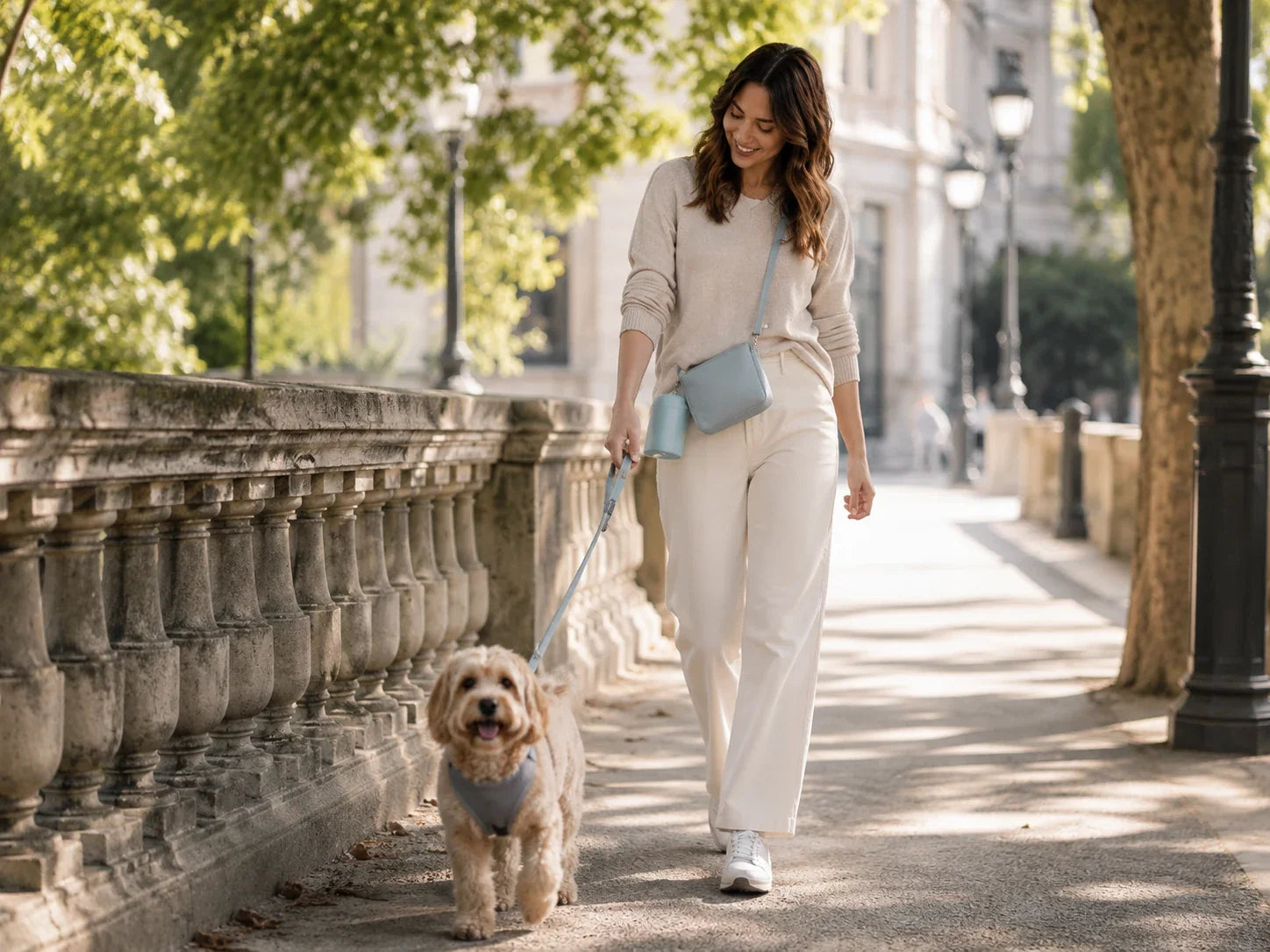 Une femme promène son chien avec la pochette de balade Pattimo dans une scène lifestyle éditoriale