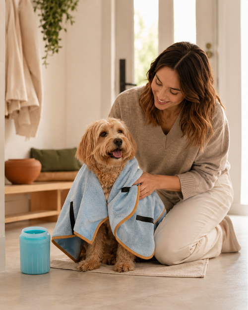 Une femme sèche son chien avec une serviette microfibre Pattimo dans le Kit Pattes Propres
